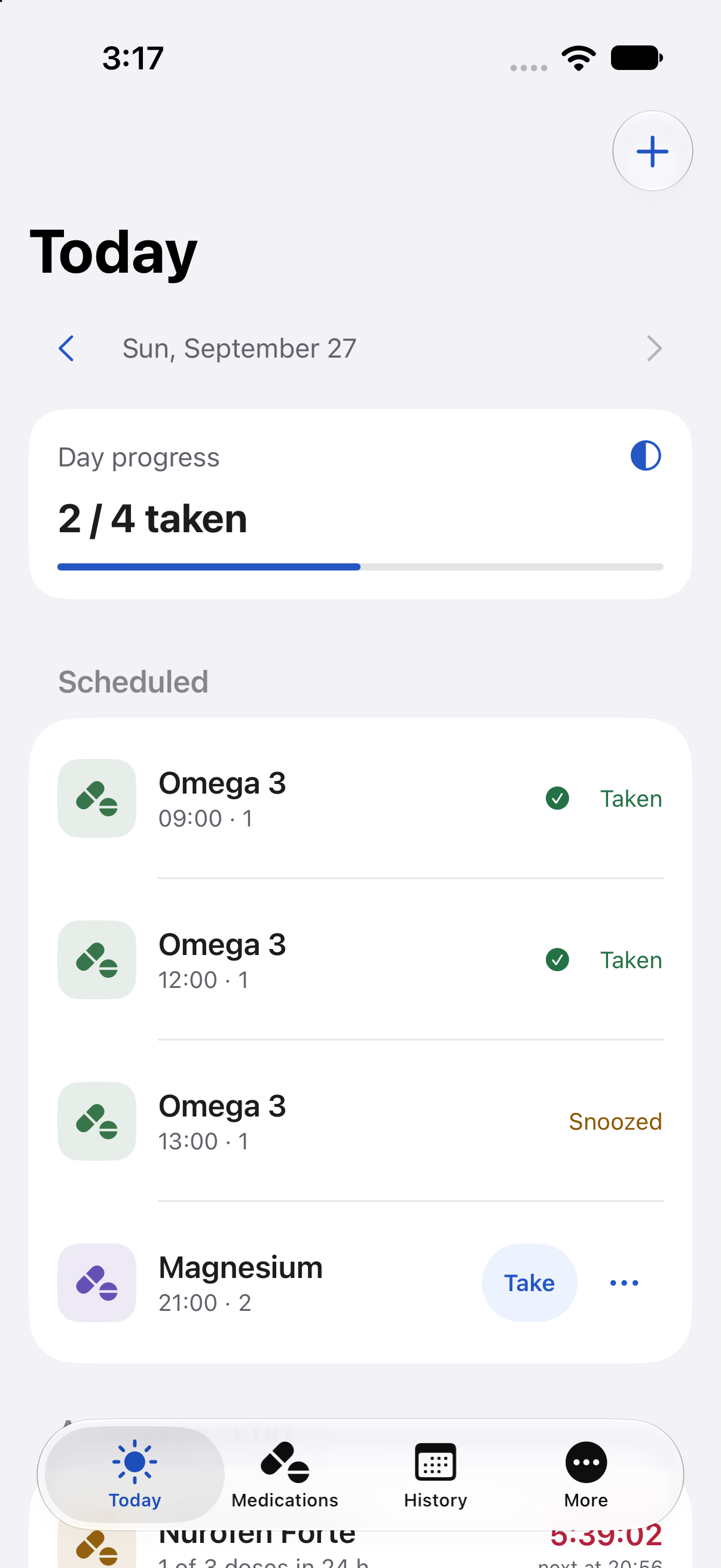Tavul’s Today screen in English, with daily progress, scheduled medications, and as-needed doses.